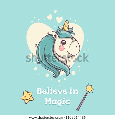 Cute unicorn portrait on blue background with hearts magic wand and smiling star. Fantasy horse