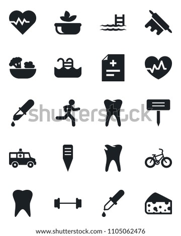 Set of vector isolated black icon - plant label vector, heart pulse, diagnosis, dropper, ambulance car, barbell, bike, run, tooth, caries, pool, salad, rolling pin, cheese