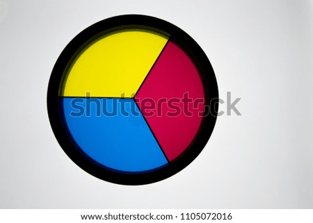 Disk with 3 primary colors, (yellow, blue and red) on a white background with a black border.