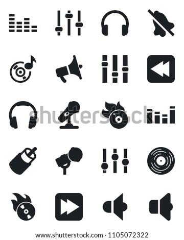 Set of vector isolated black icon - vinyl vector, flame disk, microphone, speaker, loudspeaker, settings, equalizer, headphones, fast forward, rewind, rca, tuning, mute, music, sound