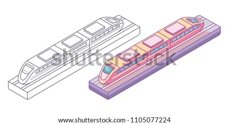 Little train toy on track, outlines and blue pink colors