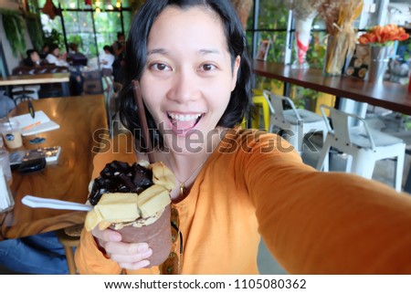 selfie Asian woman, self portrait / drinking coffee and taking self portrait