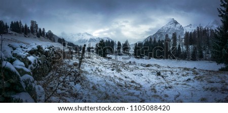 Winter landscape in Switzerland. View over the alps. Taken nearby Latsch (Bergün). High resolution, 37 megapixels. Royalty-Free Stock Photo #1105088420