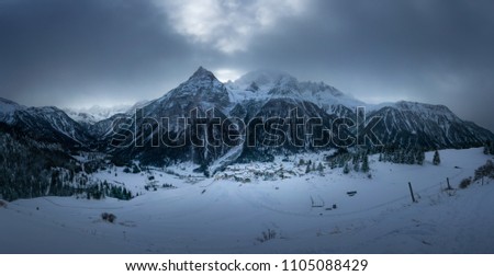 Winter landscape with mountains. View over Swiss village Latsch and bergün. High resolution, 45 megapixels. Royalty-Free Stock Photo #1105088429