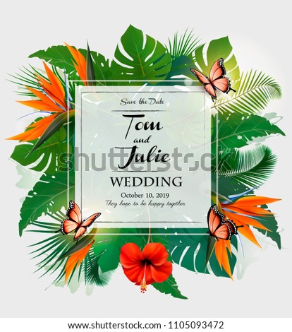 Wedding invitation desing with exotic leaves and butterflies. Vector