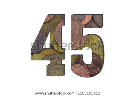 45 Number. Different worlds coins texture. Percent and Discount theme. White isolated