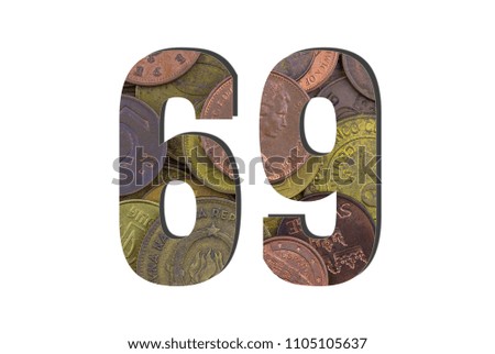 69 Number. Different worlds coins texture. Percent and Discount theme. White isolated