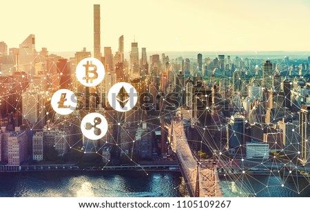 Cryptocurrency with the New York City skyline near Midtown