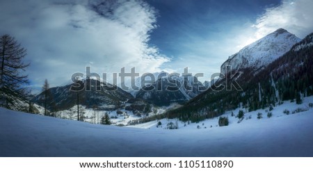 Beautiful view over mountain range in Bergün in winter. High resolution, 43 megapixels. Royalty-Free Stock Photo #1105110890