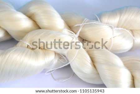 White raw silk extracted from Silk Cocoons that were produced by Silkworms. Royalty-Free Stock Photo #1105135943