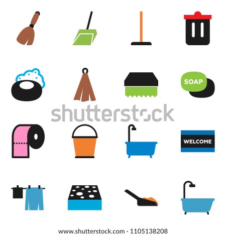 solid vector ixon set - soap vector, broom, mop, scoop, bucket, sponge, trash bin, welcome mat, bath, drying clothes, toilet paper, towel
