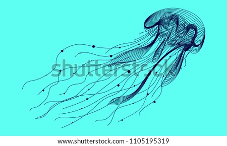 Marine graphic  animal. Vector illustration. The medusa  consist of lines.Digital element design  for business cards, invitations, gift cards, flyers and brochures, web.