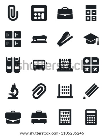 Set of vector isolated black icon - airport bus vector, checkroom, book, calculator, graduate, abacus, microscope, case, paper clip, pencil, stapler