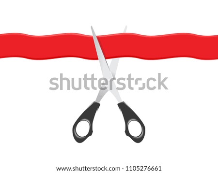Scissors cutting red ribbon. Opening ceremonial. Vector illustration isolated on white background