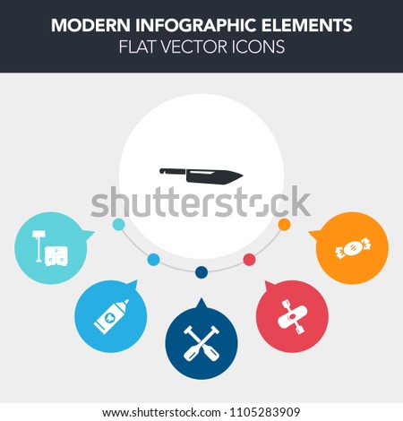 Modern, simple, colorful vector infographic background with lolly, water, oar, knife, stick, candy, interior, house, sweet, equipment, dessert, table, river, lake, home, paste, hygiene, health icons