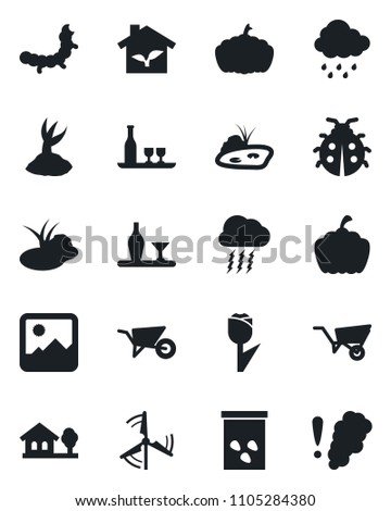 Set of vector isolated black icon - storm cloud vector, wheelbarrow, sproute, lady bug, rain, pumpkin, seeds, caterpillar, pond, tulip, gallery, house with tree, windmill, alcohol, eco