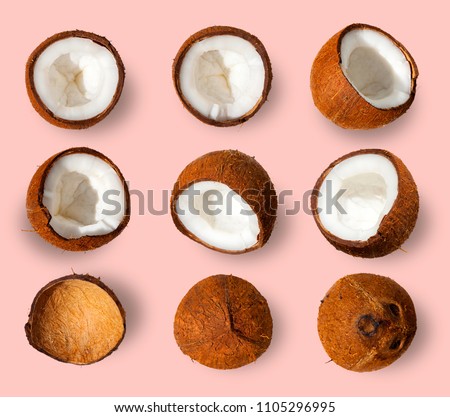 Coconut pattern. Half and whole coconuts. Repetition concept. Top view Royalty-Free Stock Photo #1105296995