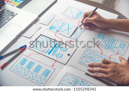 ux Graphic designer creative  sketch planning application process development prototype wireframe for web mobile phone . User experience concept. Royalty-Free Stock Photo #1105298342