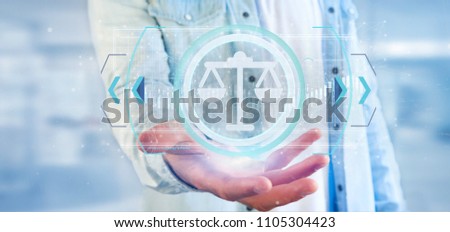 View of a Man holding a Technology justice icon on a circle 3d rendering