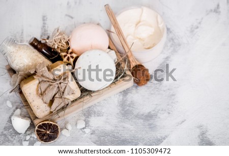spa composition on a wooden background, resort concept and natural cosmetics