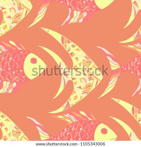 Fish. Seamless Pattern with Colorful Fish Hand Drawn in Primitive Style. Sea Pattern for Textile, Fabric, Print. Bright Simple Texture in Trendy Colors. Vector Illustration.