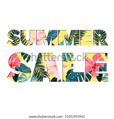 Summer tropical colorful background with exotic leaves and hibiscus flowers.