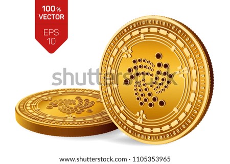 Iota. Crypto currency. 3D isometric Physical coins. Digital currency. Golden coins with Iota symbol isolated on white background. Vector illustration.