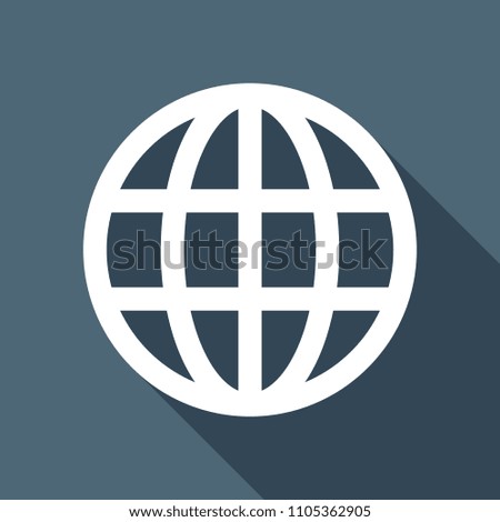 Simple globe icon. Linear. White flat icon with long shadow on background