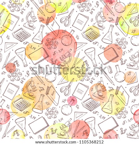 School doodle background with watercolor circles. Vector seamless pattern from school elements hand drawn on blackboard. Back to school backdrop in sketch style.