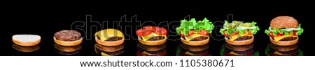 Process making of burger, step by step isolated on black background. Burger wide banner. Split burger. Burger divided in parts