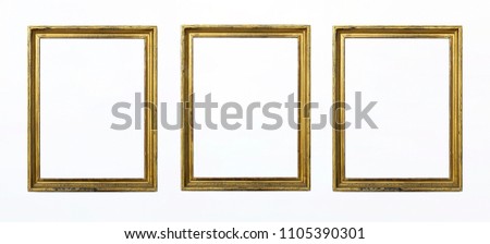 Three gold rectangular frames for painting or picture on white background. Isolated.