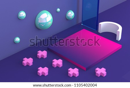 Minimalist abstract background, primitive geometrical figures, pastel colors, 3D render, podium for the advertized goods