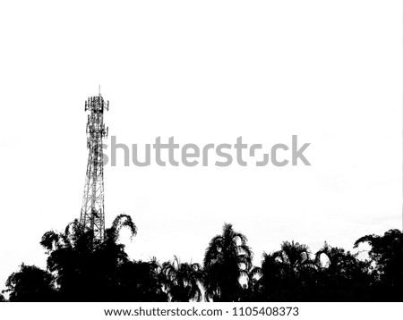 Silhouette of communication tower, high power wifi antenna post hotspot long range digital data transport. silhouette satellite dish telecom network
