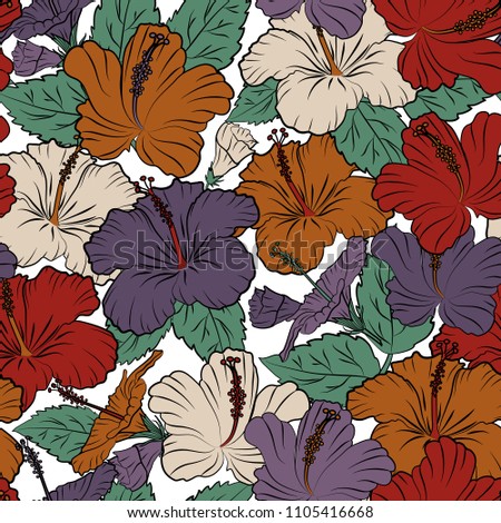 For backgrounds, textiles, wrapping papers, greeting cards. Vector illustration. Romantic seamless pattern with watercolor bouquet of abstract hibiscus flowers in red and orange colors.