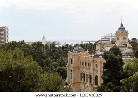 Spain. Malaga. Photo panorama of the historic city center. View of the City Hall