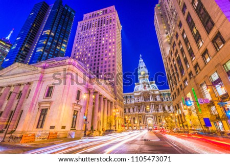 Philadelphia, Pennsylvania, USA cityscape on Broad Street with City Hall.