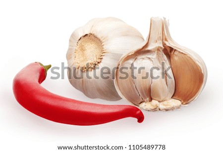 Fresh garlic and red chili pepper vegetable isolated on white background