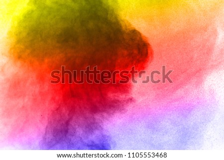 Abstract bright colorful powder on white background,Freeze motion of color powder explosion and multicolored glitter texture, Multicolor clouds.