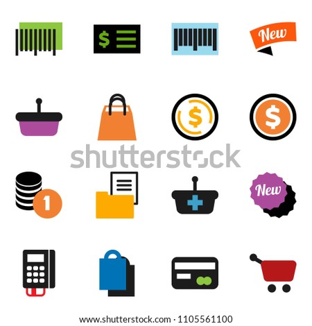 solid vector ixon set - dollar coin vector, stack, receipt, estate document, credit card, new, shopping bag, barcode, reader, basket, cart