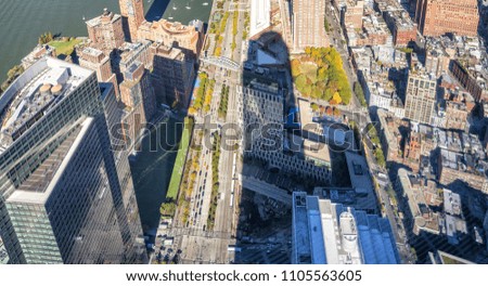 Downward aerial view of Downtown Manhattan in New York City.