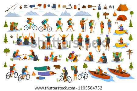 collection of hiking trekking people. young man woman couple hikers travel outdoors with mountain bikes kayaks camping, search location on map, sightseeing discover nature. isolated graphics set Royalty-Free Stock Photo #1105584752