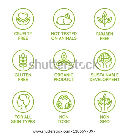 Vector set of design elements, logo design template, icons and badges for natural and organic cosmetics in trendy linear style - cruelty free, not tested on animals, paraben free, gluten free Royalty-Free Stock Photo #1105597097