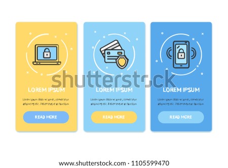 Oneboarding App Screens Cards Data Security Set with Signs Outline Icons Include of Mobile Phone and Pc. Vector illustration