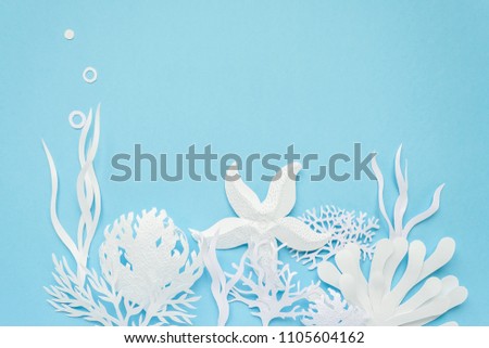 Underwater landscape. The ocean and the undersea world with different inhabitants, corals and starfish