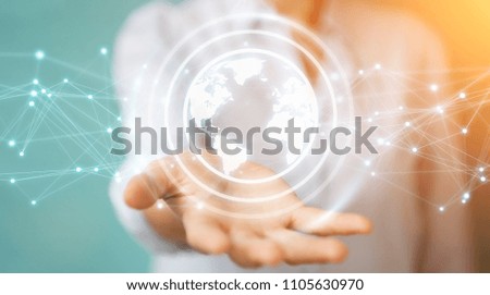 Businesswoman on blurred background using planet earth network sphere interface 3D rendering