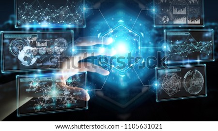 Businesswoman on blurred background using digital screens interface with holograms datas 3D rendering