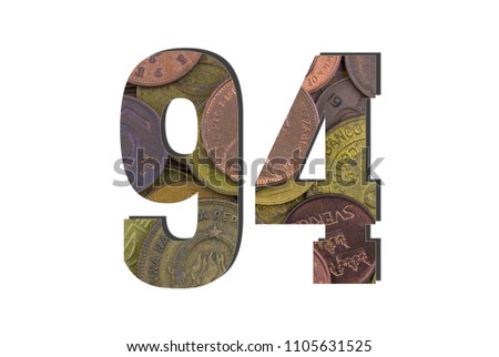 94 Number. Different worlds coins texture. Percent and Discount theme. White isolated