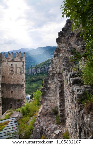 Rock walls of medieval castle in Arco of Trento near the Garda Lake in Trentino Alto Adige, Italy