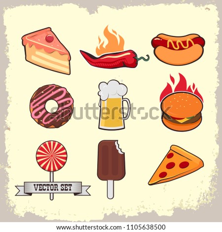 Vector set of nine images of fast food on light coloured background