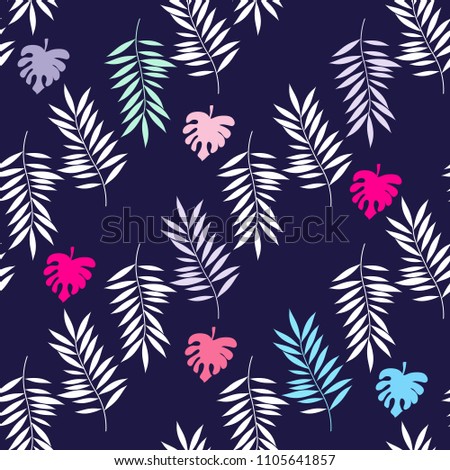 Beautiful seamless pattern with monstera. Tropical flowers background. 
 Cute vector elements in flat cartoon style. For your design, posters, textile, wedding invitation, business products. Vector . 